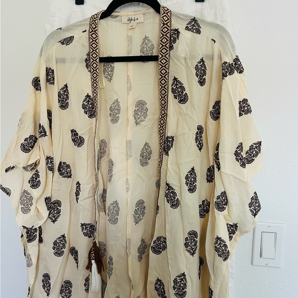 Style & Co. Cream Printed Open Front Kimono